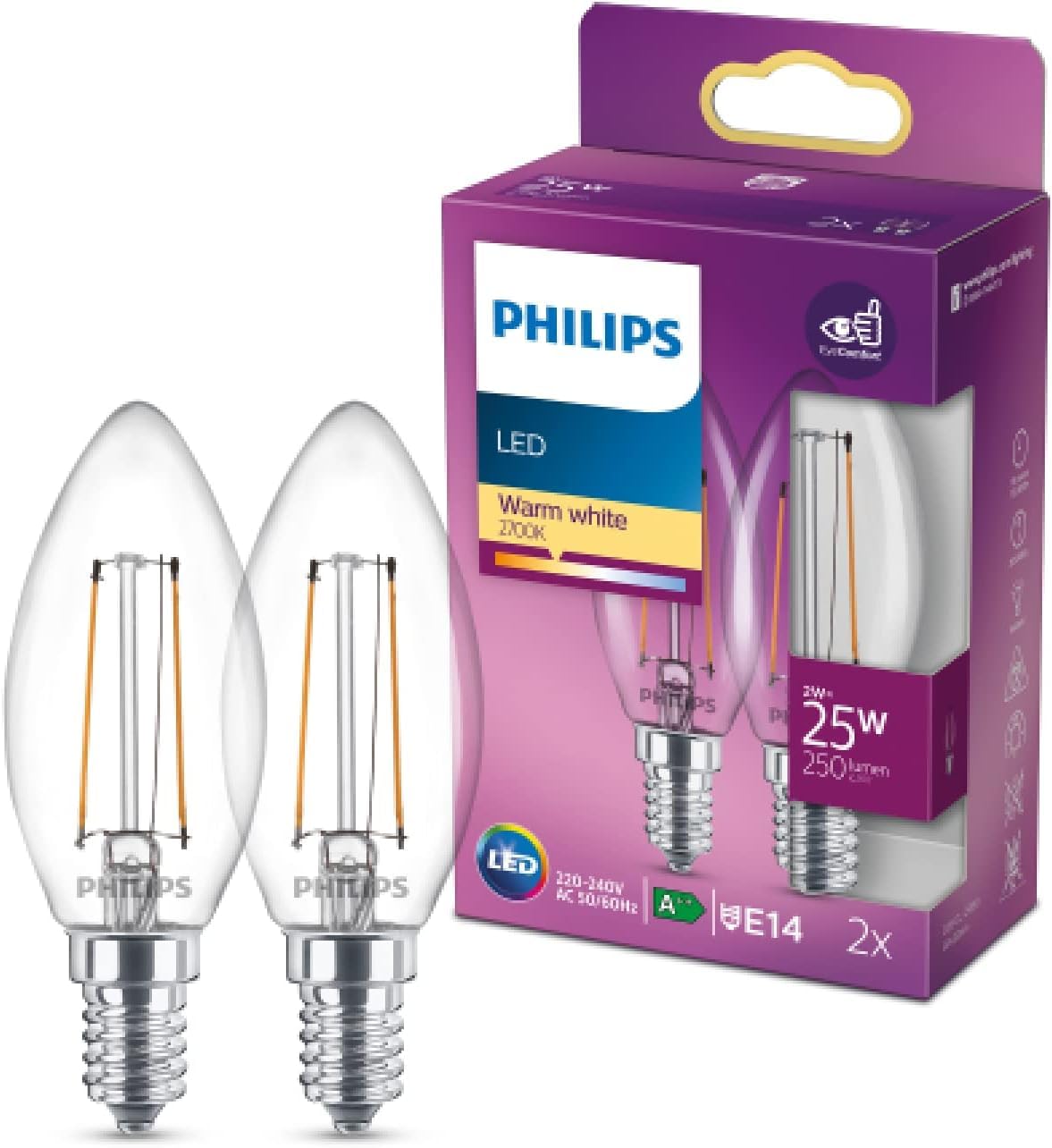 Philips LED Classic E14 Lampe, 25 W, Kerzenform, klar, warmweiß, Doppelpack