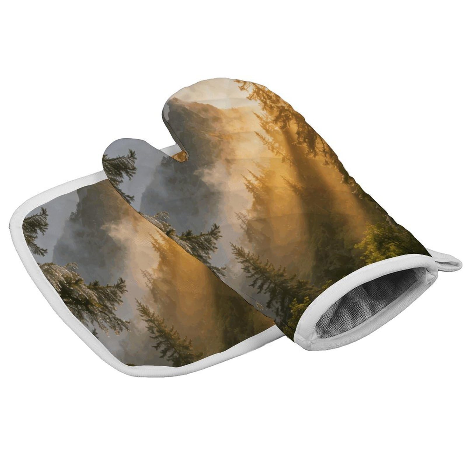 Fodpand Style Misty Forest Mountain Oven Mitt Set With Lanyard, Cooking Mitt, Protective Thermal Insulation,Kitchen Mitt For Baking, Cooking, Grilling, Microwave