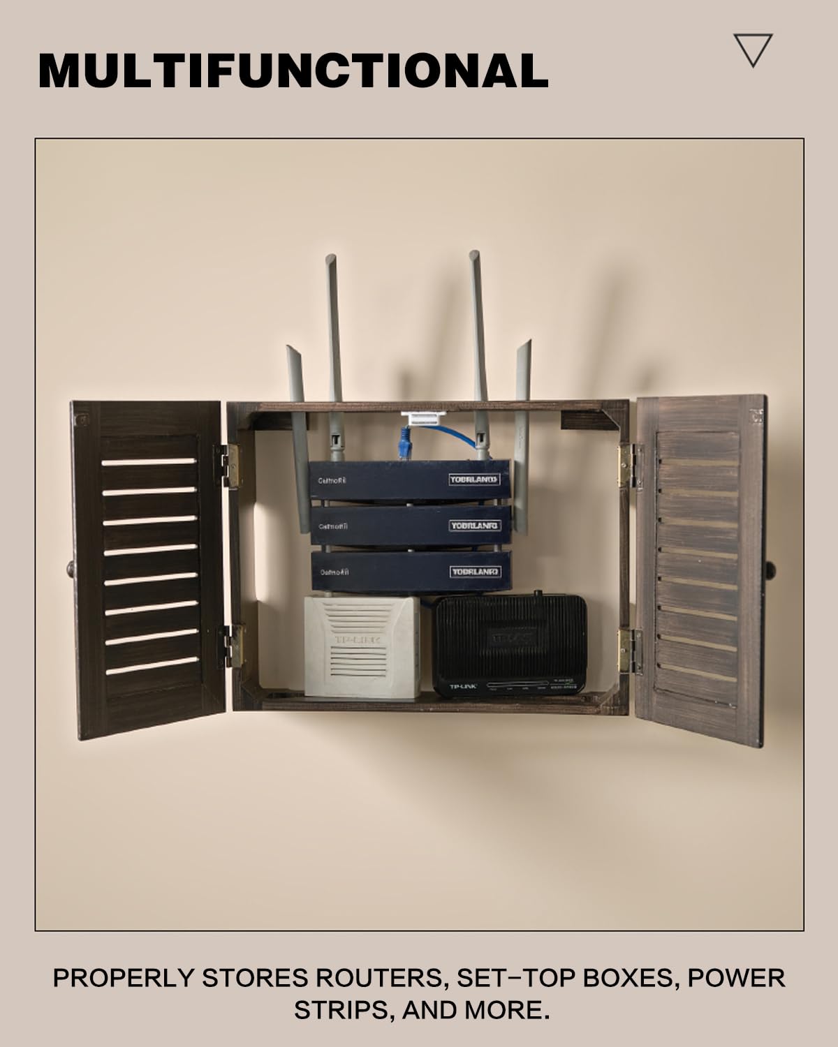 Armoire de rangement murale en bois pour routeur WiFi - Modem décoratif et boîte à câbles - Forte capacité de charge - Design rétro pour la maison et le bureau - 47 x 28 x 9,5 cm