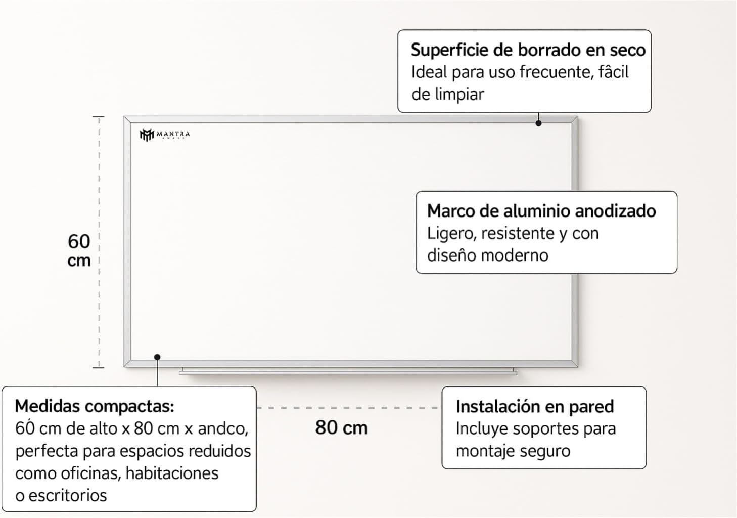 Whiteboard with Aluminium Frame, 80 x 60 cm