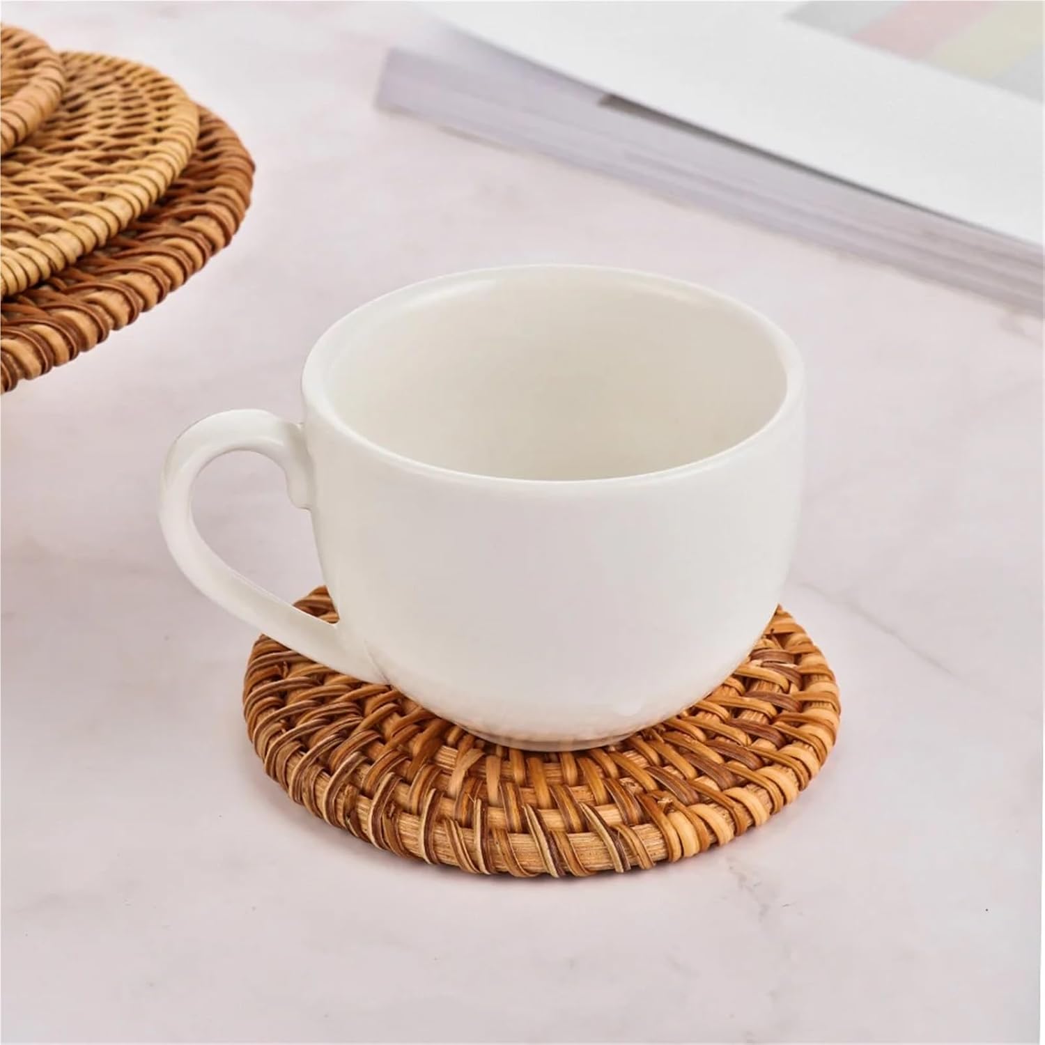 Rattan Coasters 8 Pcs Round Handmade Rattan Pad Coasters Table Placemats Bowl Mats Cup Padding Mat Insulation Pad Kitchen Decor Accessories(18cm)