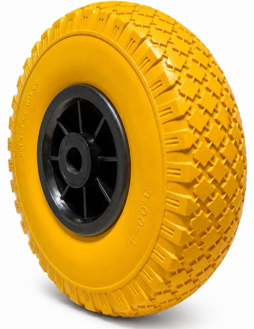 Sackkarrenrad 3.00-4 PU Pannensicher (4er Set) – Gelbe Ersatzräder mit schwarzer Kunststofffelge – Vollgummi Reifen für Handwagen, Sackkarren & Bollerwagen – Unplattbar, schwarz/gelb