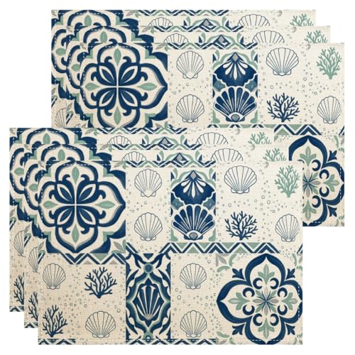 Manteles individuales con temática náutica, estilo océano costero, color azul, para mesa de comedor, playa, verano, antideslizantes, lavables, para interiores y exteriores, cocina, fiesta, juego de 6
