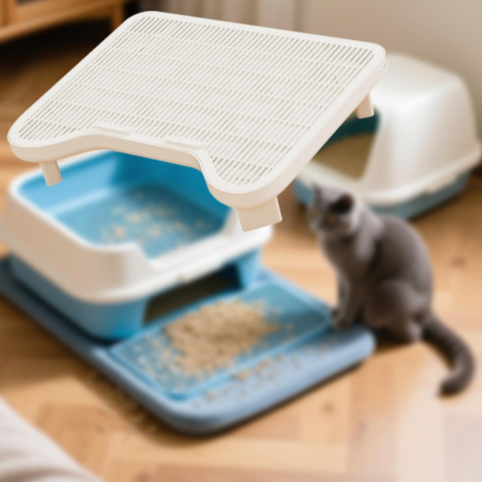 Alfombrilla/rampa para Arenero de Gatos: Ligera, Fácil de Limpiar, Elevada, con Función de Filtro Y Bandeja Recolectora Lavable.