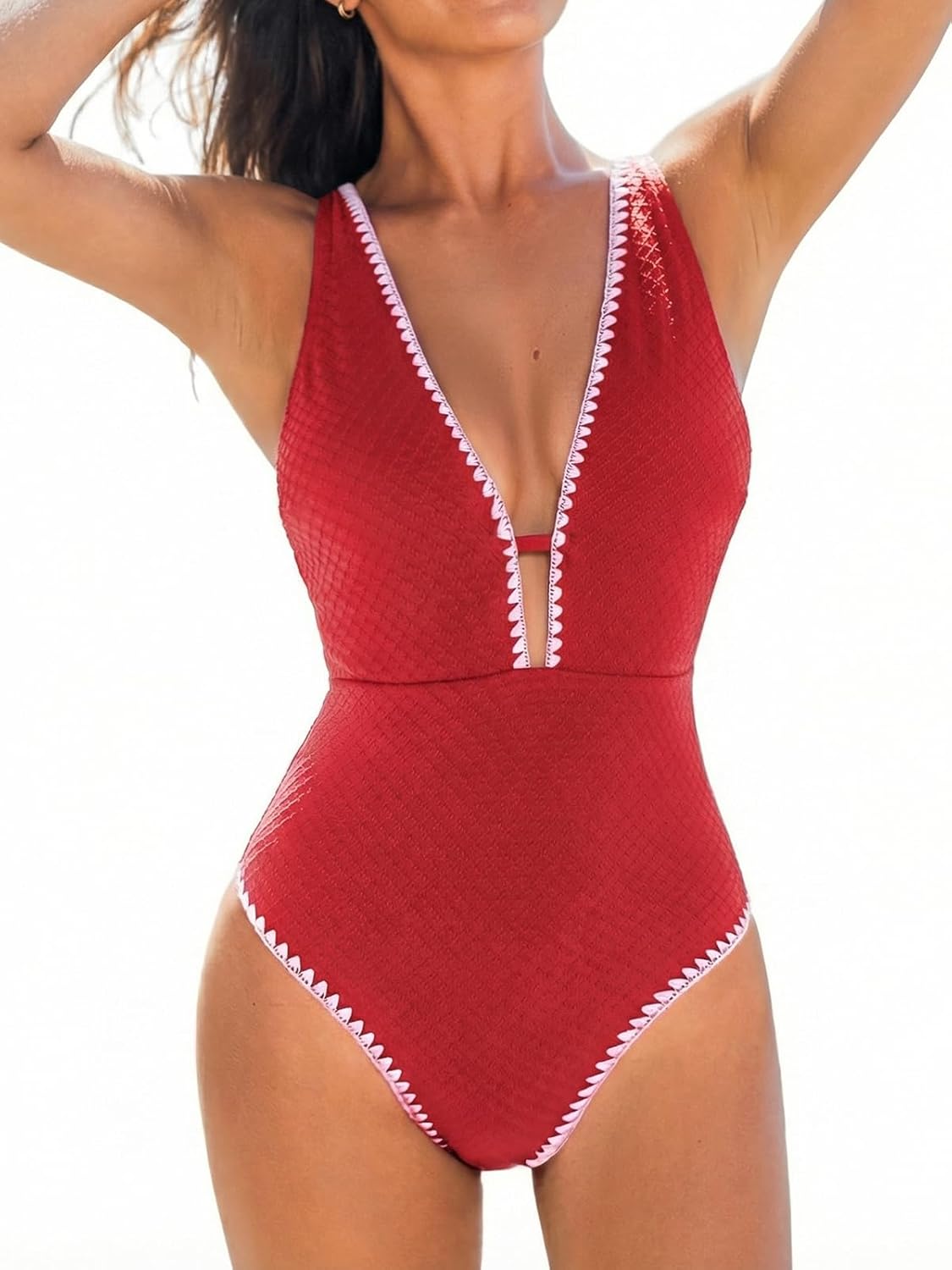 CUPSHE Women's One Piece Swimsuit Tummy Control V Neck Cutout Bathing Suit Crisscross Back Textured Cheeky Bottom