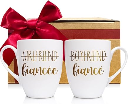 Boyfriend and Girlfriend Coffee Mug Gift Set, Engagement Gifts for Couples Newly Engaged Bride Groom, Gift for Bachelorette Party Wedding Bridal Shower, Fiance and Fiancee Couple Mug