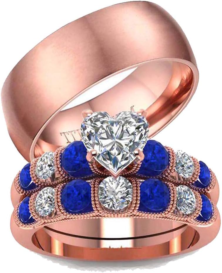 LOVERSRING His and Hers Wedding Ring Sets Couples Rings 10K Rose Gold Filled Cz Wedding Engagement Ring Bridal Sets Men's Stainless Steel Wedding Band
