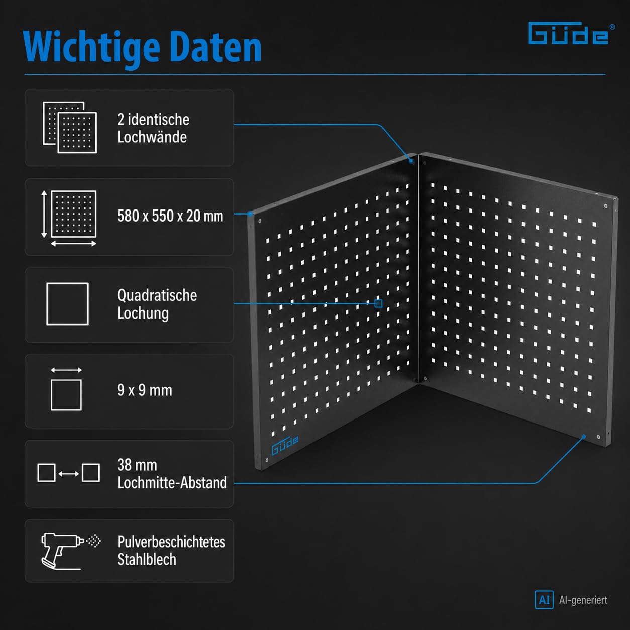 Güde Lochwand-Set GL 600E - 2 Module, pulverbeschichtetes Stahlblech | Ergänzung zur Güde Eco Line, passgenaue Eckmontage, Maße 2 x (58 x 55 x 2 cm), Lochmatrix: 9 x 9 mm, Lochmitteabstand: 38 mm