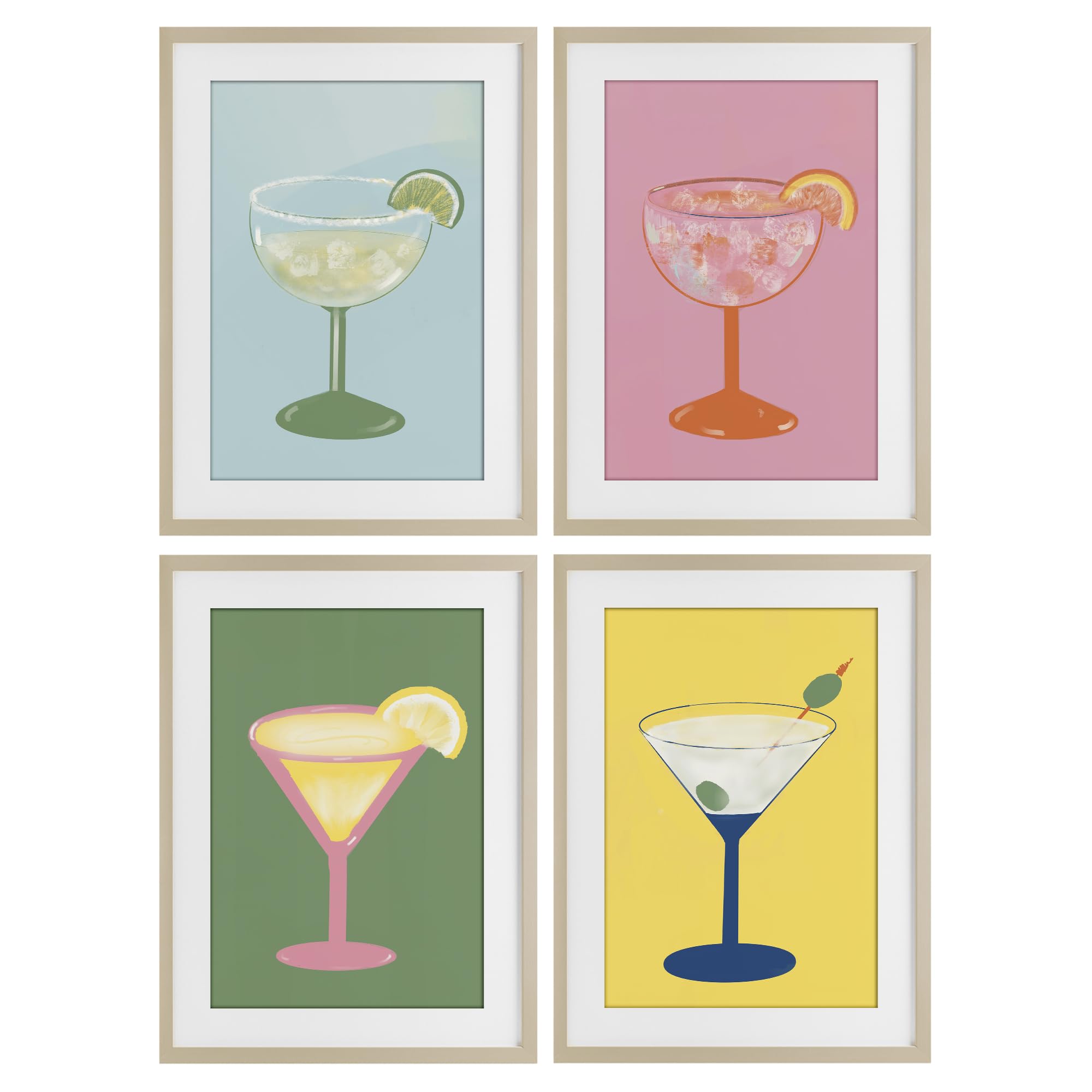 Stupell Industries Harvest Pine (Textured) 'Stylish & Fun Cocktails'| 4Pc Framed Print Under Glass Set