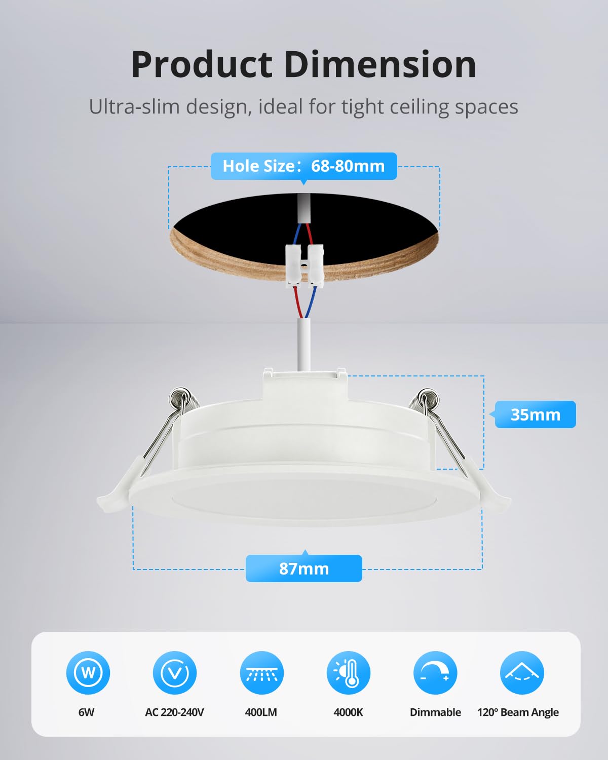Gr4tec Reflektor LED do zabudowy, możliwość ściemniania, 10 x 6 W, IP65, neutralna biel, 4000 K, 400 lm, bardzo płaski reflektor wpuszczany 35 mm, otwór Φ68-80 mm, reflektory sufitowe do salonu