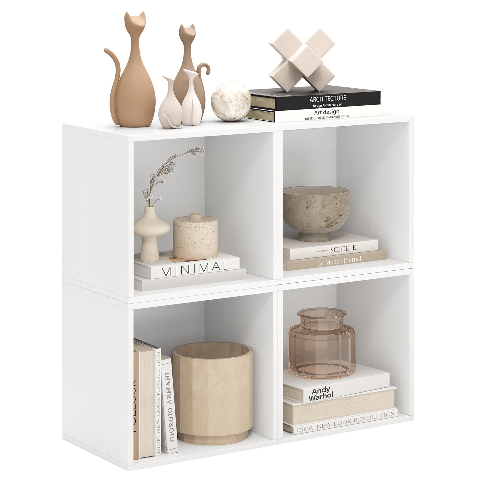 CASART Cube Bookcase Set of 4, Stackable Open Book Shelf, Wooden Cube Storage Organizer DIY Modular Storage Unit for Living Room Bedroom Study (White)