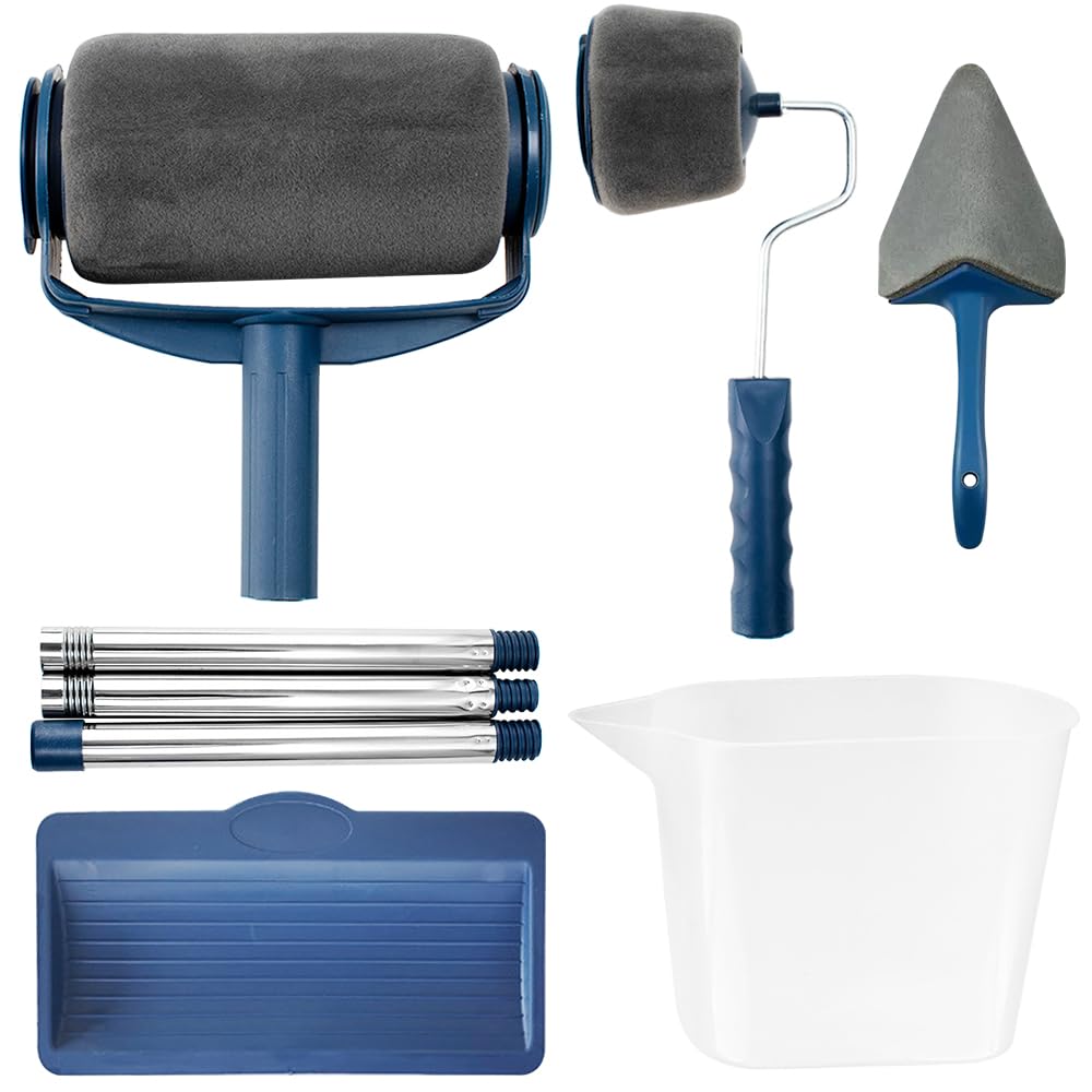 Juego de 8 rodillos de pintura con poste de extensión, rodillos de pintura y bandejas para paredes, techos, molduras y puertas, incluye cojín de esquina y hervidor de agua fácil de verter, ideal para