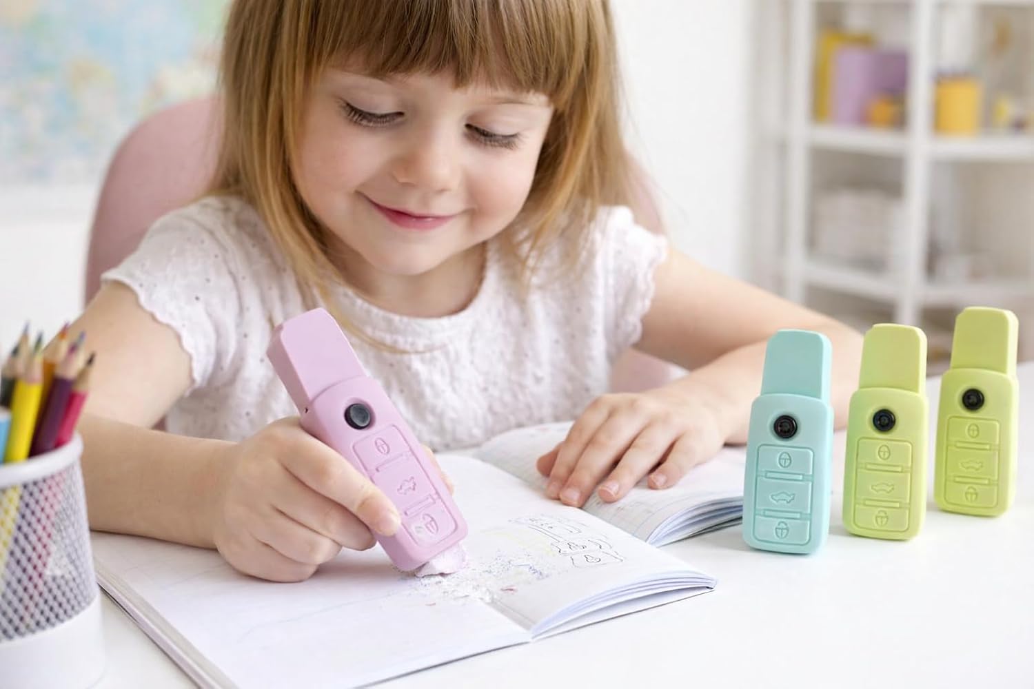 Car Key Shaped Erasers Pack of 3 – Remote Car Key Fob Design Eraser – Fun Stationery for Kids, Students, Boys & Girls – Durable, Smudge-Free School Supplies,Party Favors & Return Gifts (Multicolor)