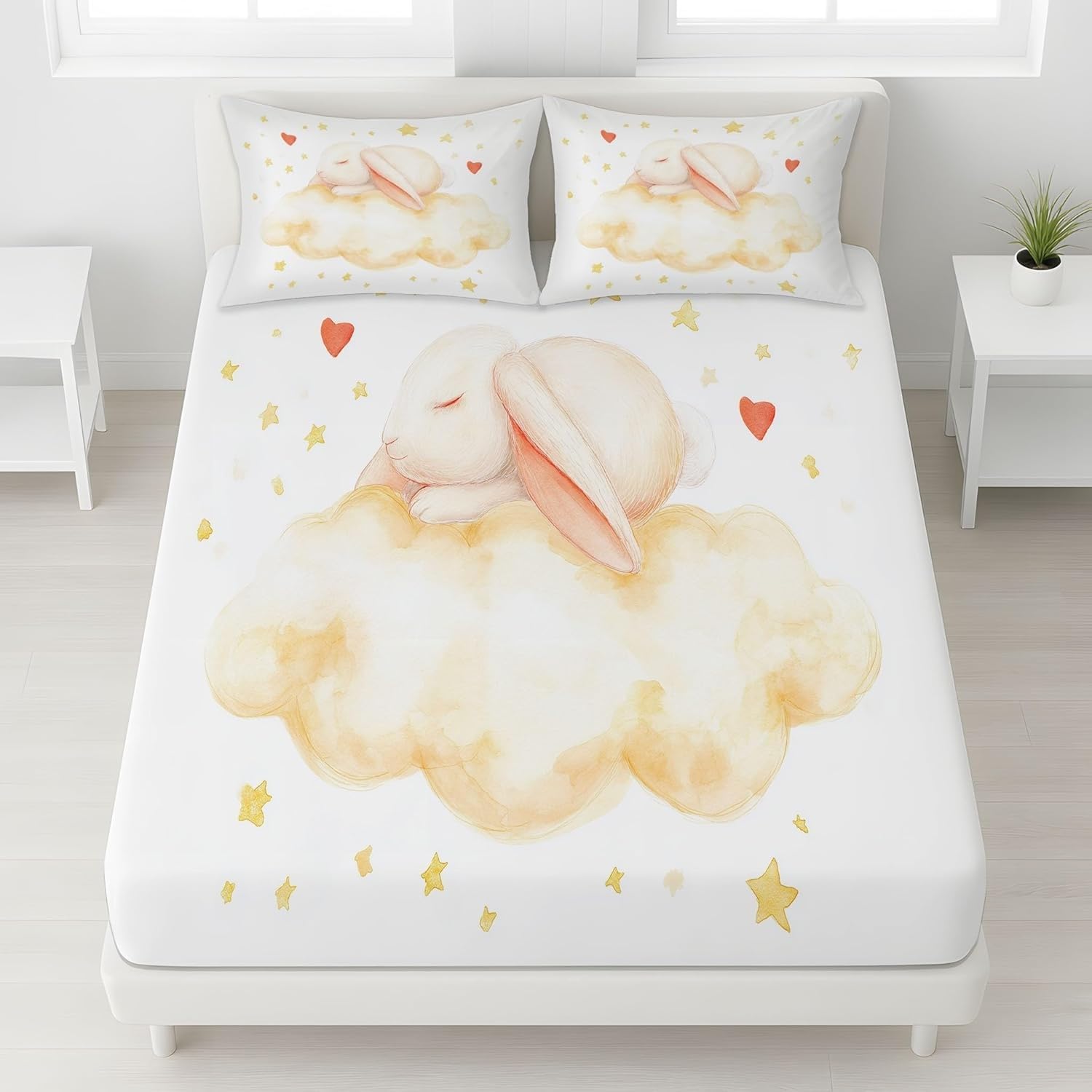 Heart Fitted Sheet Rabbits Bed Sheets Deep Pocket 12 inch (30 cm) Soft Cozy 3 Piece Microfibre Bed Sheet 200x200 cm with 2 Pillowcases 50x75 cm
