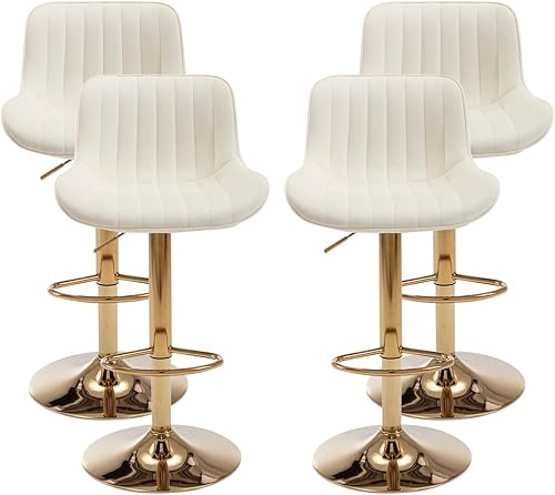 Juego de 4 taburetes de bar giratorios de terciopelo ajustables, modernas sillas de bar con respaldo y base de metal dorado, taburetes de isla de