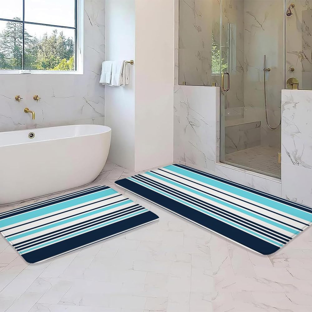 2 Pcs Navy Blue and Pink Striped Bath Mat Bathroom Rug Vertical Stripe Minimalist Modern Vintage Classic Memory Foam Soft Floor Rug, 24"x35"and 17.8"x29.5"