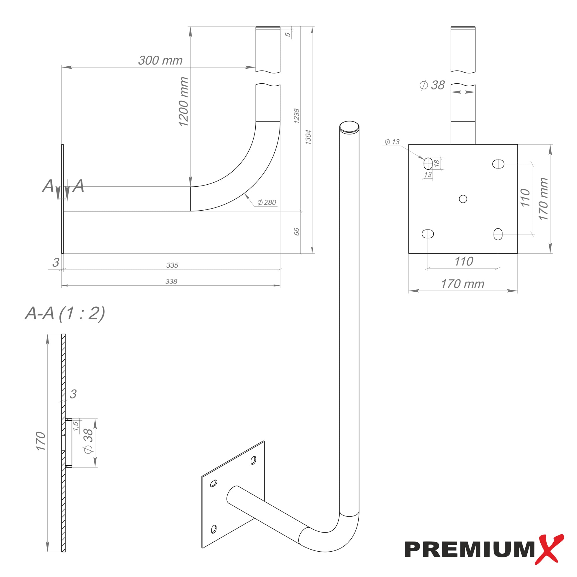 PremiumX Supporto a Parete 30 cm per Antenna Satellitare - Mast 120 cm in Acciaio Zincato - Staffa di Montaggio con Distanza dalla Parete 30 cm - Ø 38 mm