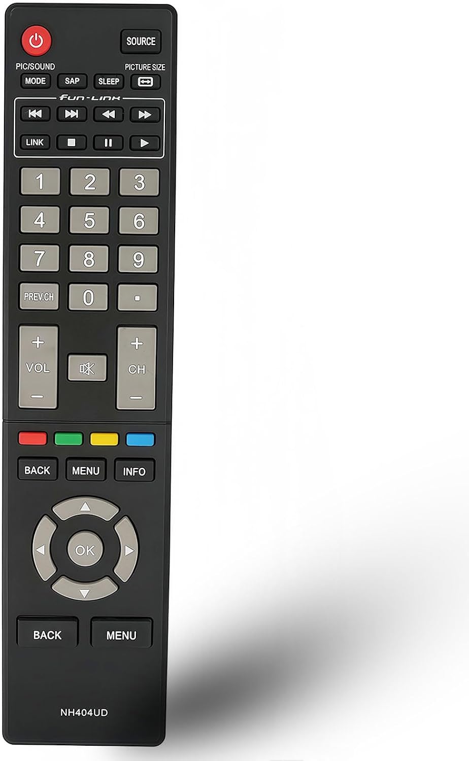 Front view of the Kassionel NH404UD Universal Remote Control, showing all buttons