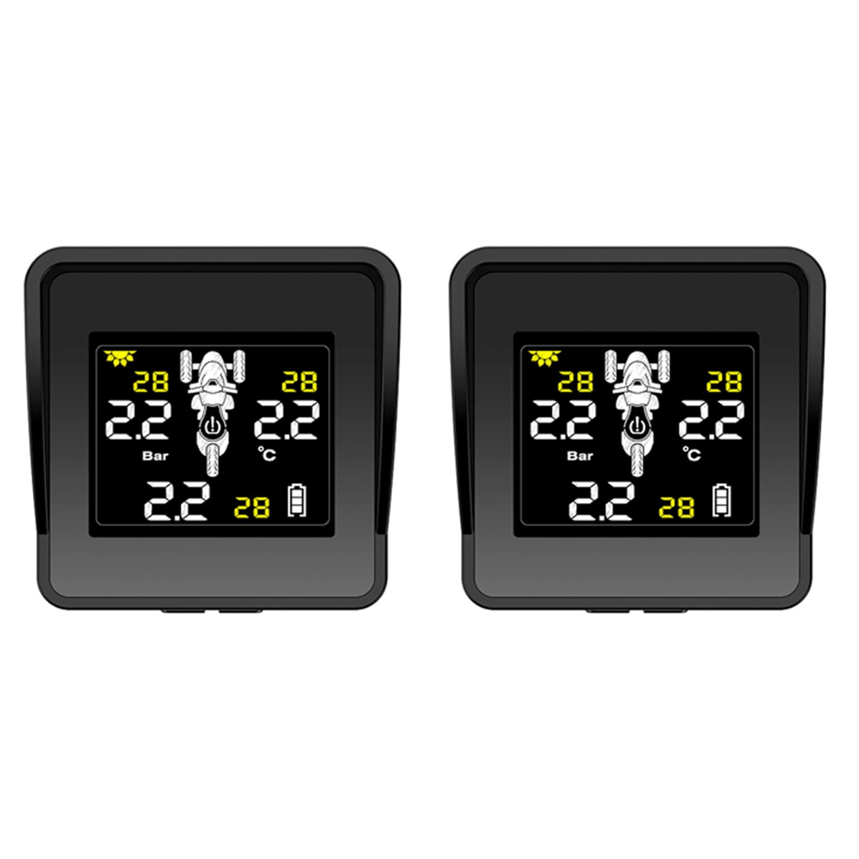 2 x solarny bezprzewodowy system monitorowania ciśnienia w oponach motocyklowych, TPMS, wyświetlacz LCD, 3 czujniki zewnętrzne