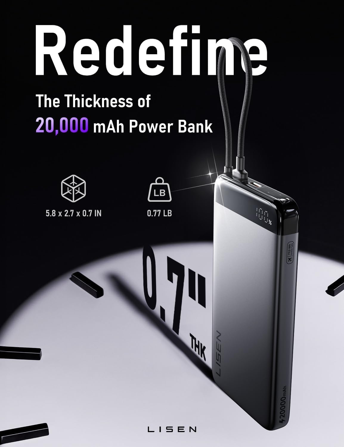 LISEN Powerbank CCC, Powerbank 20,000 mAh, 35 W, Mit Kabel Compatible with iPhone 17/16 Series, Xiaomi 17 Pro Max, Samsung S25 Series, Travel Aeroplane Essential Gadgets
