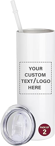 Sublimation - Vaso delgado de 20 onzas con tapa, popote aislado al vacío, doble pared para café, té, bebidas, vaso de acero inoxidable recto blanco