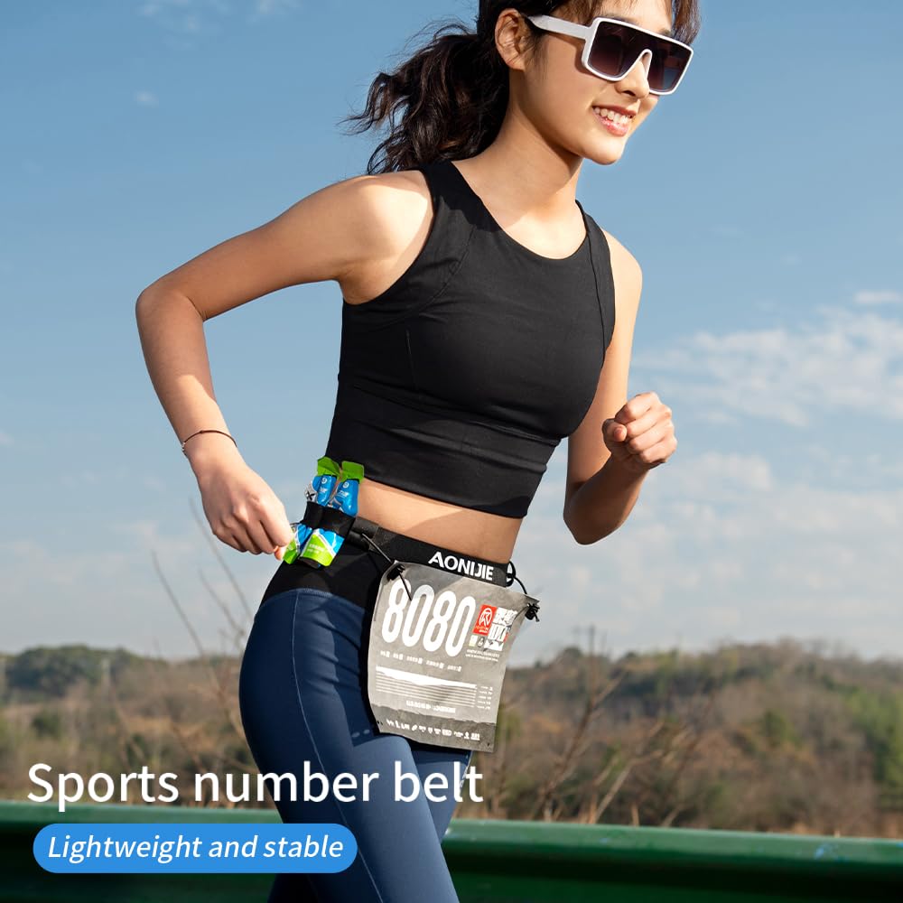 AONIJIE Running Race Number Bib Belt - Adjustable Triathlon Race Belt with 6 Energy Gel Loops for Marathon, Trail Running (Grey)