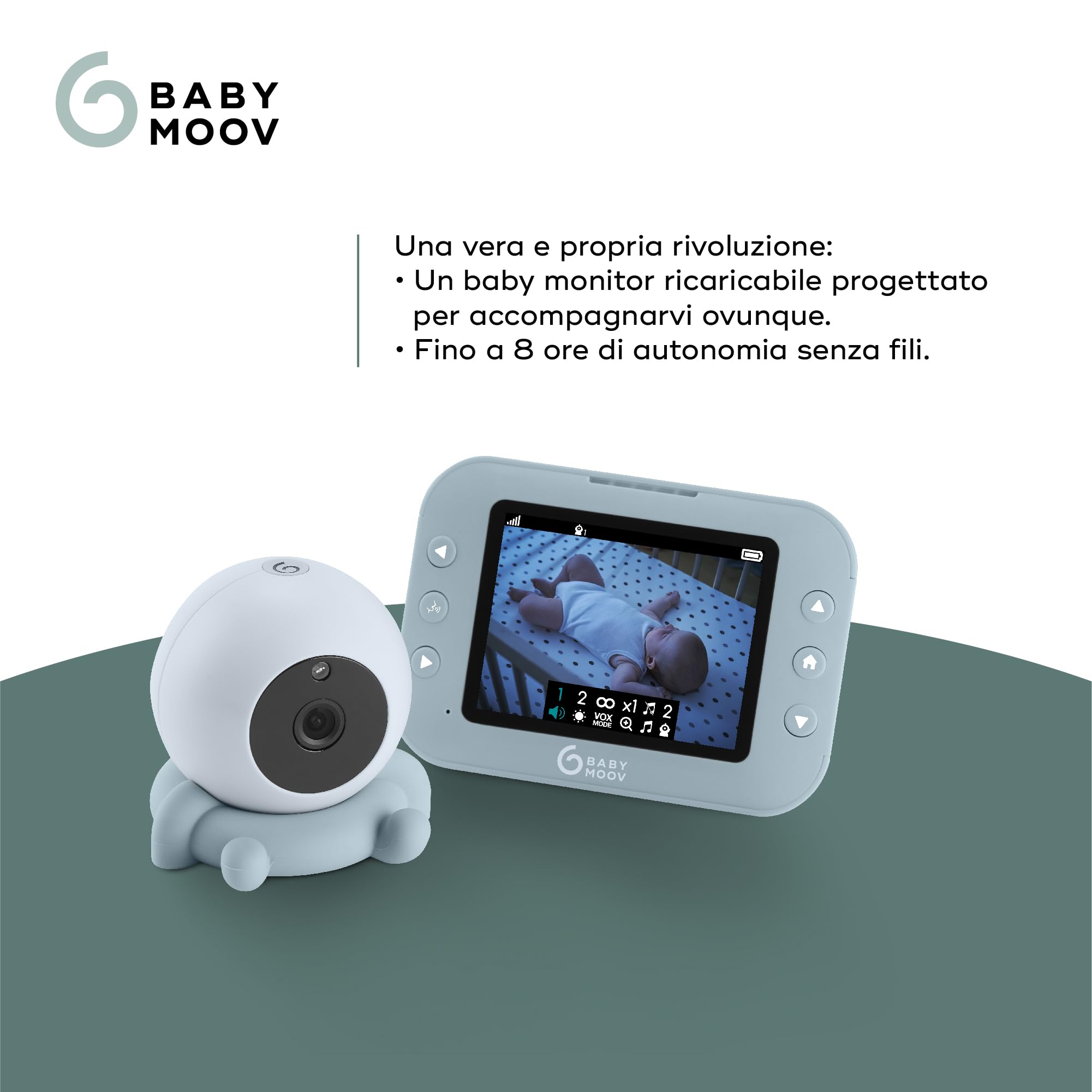 Babymoov Baby monitor con videocamera senza fili YOO Roll - Batterie ricaricabili - Autonomia 10 ore - Schermo 3,5" di qualità a infrarossi - Ninnenanne - Portata 300 m - Garanzia a vita
