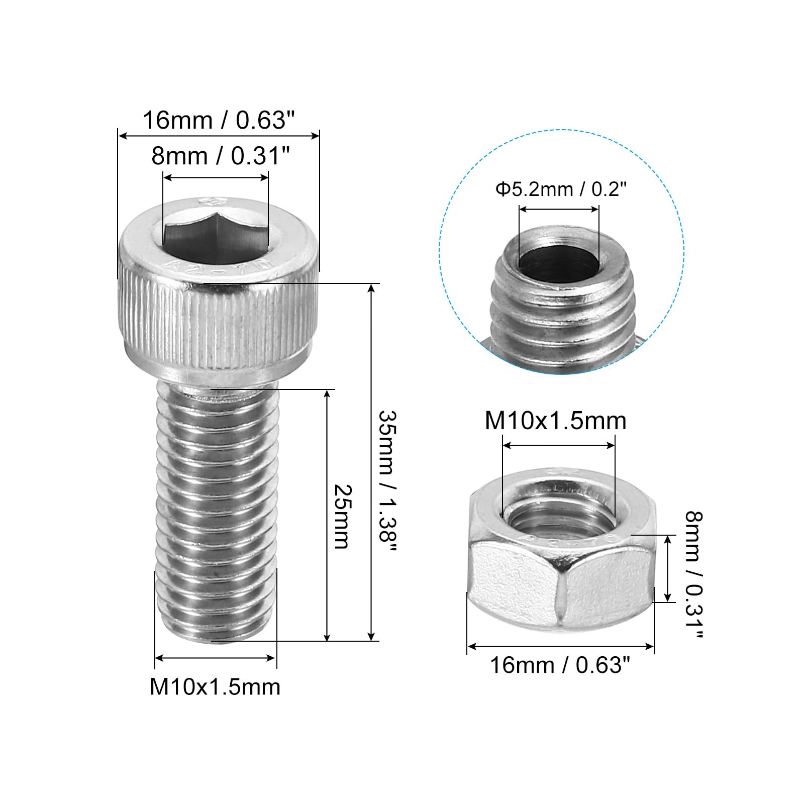 PATIKIL M10x25mm 304 Stainless Steel Hollow Bolt - Image 2