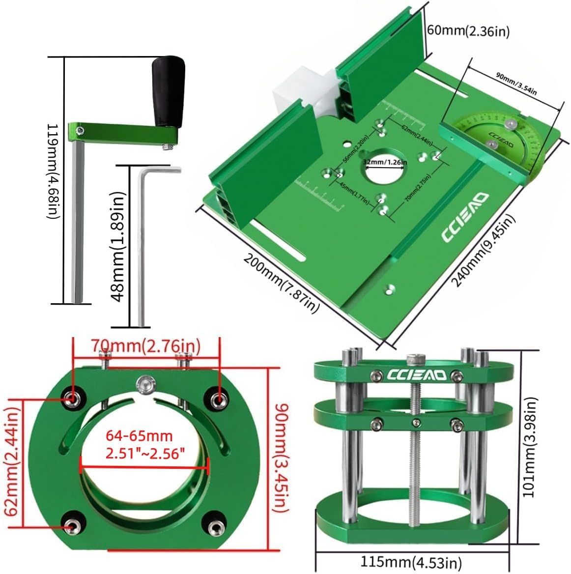Router Table Lift System for 65mm Diameter Motors, Router Lift Base with Router Table Insert Plate for Router Working Benches Woodworking Engraving DIY Tools