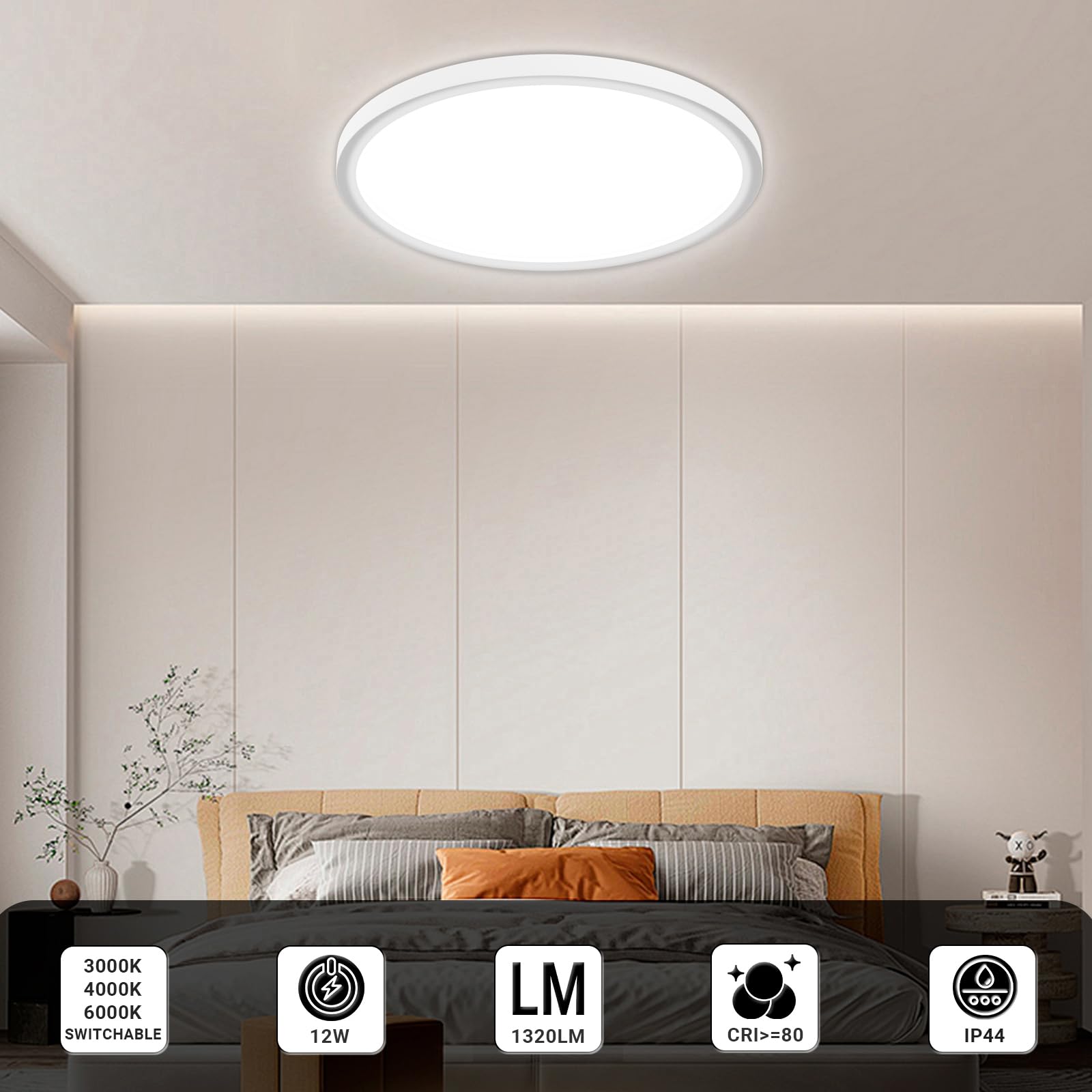 LQWELL Lámpara de techo LED, IP44, resistente al agua, redonda, plana, para baño, 12W, 3000K, 4000K, 6000K, 1320LM, moderna, sencilla y delgada, para salón, baño, cocina, 180 x 18 mm