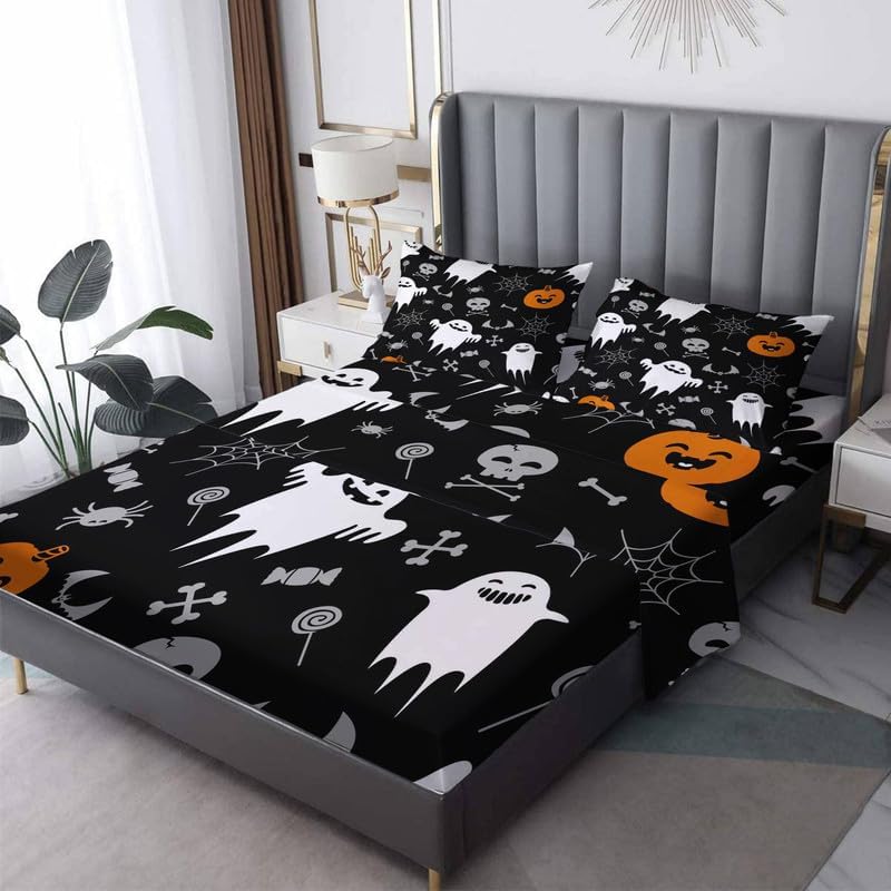 Juego de sábanas California King  Juego de sábanas de Halloween para niños y niñas, juego de sábanas espeluznantes de telaraña, fantasma, calabaza,