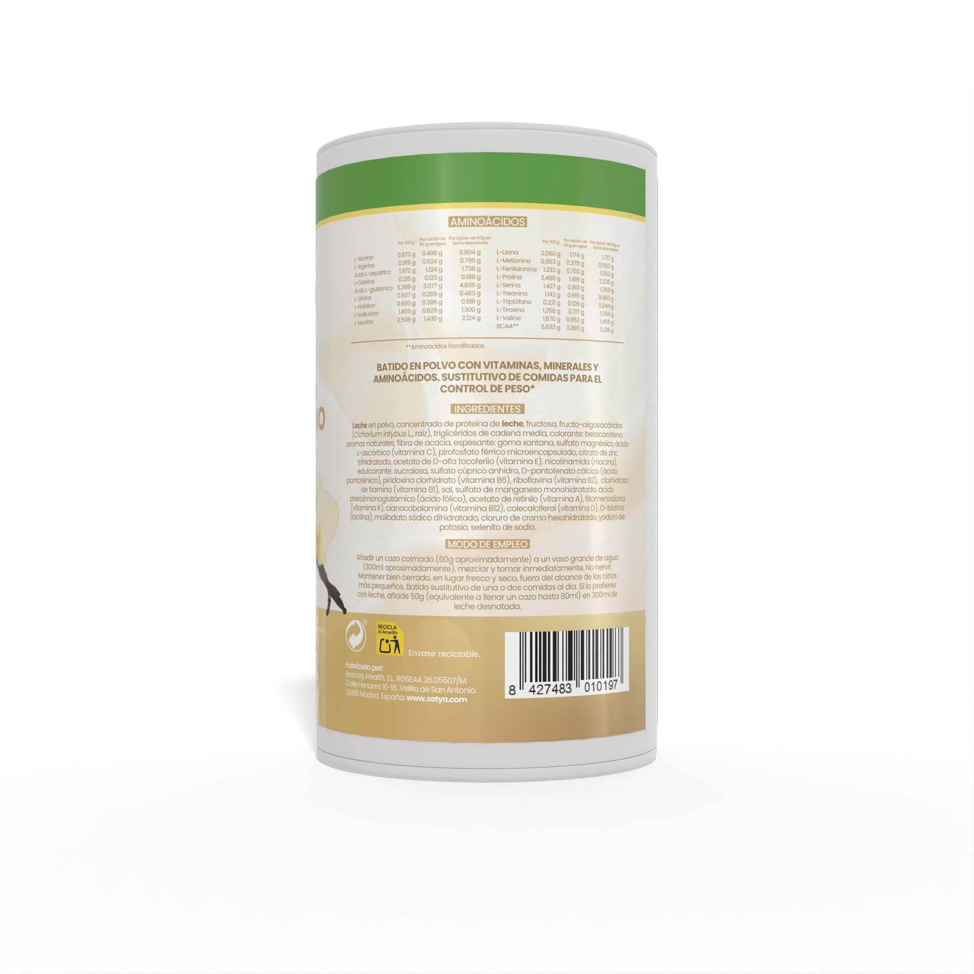 Batido Sustitutivo de Comida Vainilla (600 g) Batido Saciante en Polvo para Control de Peso con Proteínas, Fibra, Vitaminas y Minerales