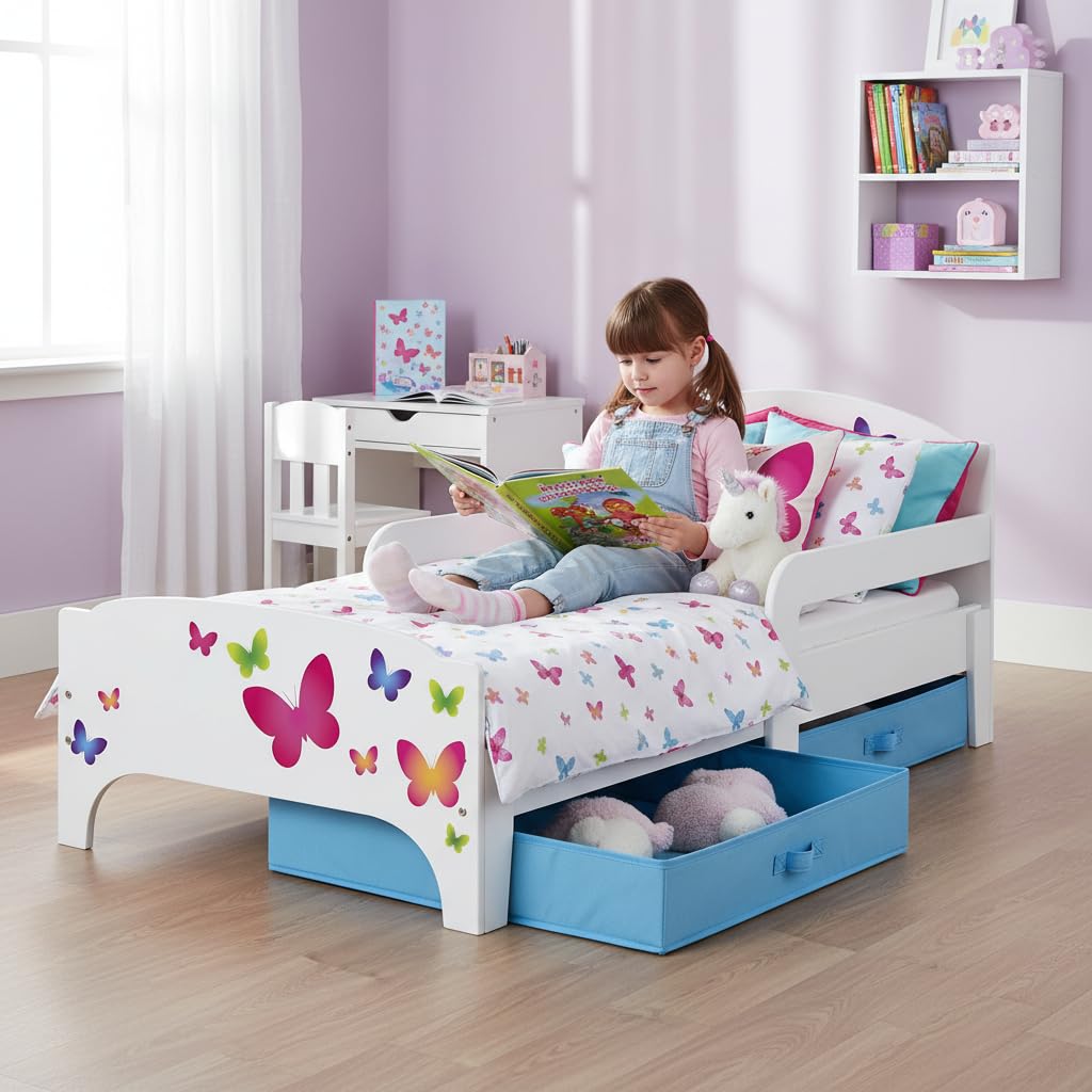 leomark Smart Cama Infantil de Madera - Mariposa - Marco de Cama, Colchón y Cajón, robustro Cómodo Dormitorio Impresa, Muebles para Niños, Espacio para Dormir: 140/70 cm