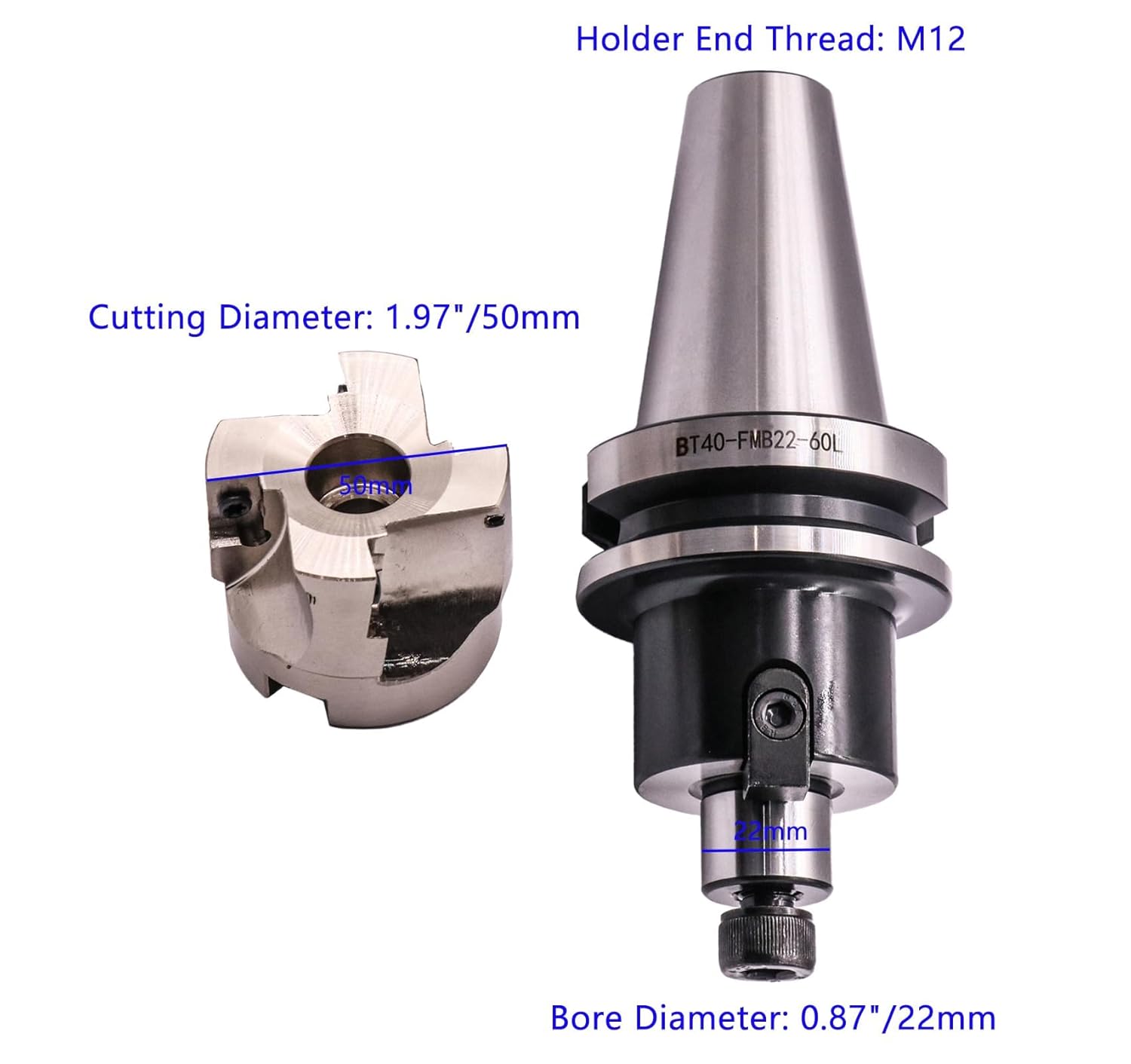 BT40-FMB22-60 Shank Face End Mill Arbor, 1.97"/50mm Cutting Diameter 90 Degree 4 Flute Indexable CNC Face End Mill Shell Cutter 400R 50-22-4T with 4Pcs APMT1604 Carbide Inserts and BT40 Pull Stud