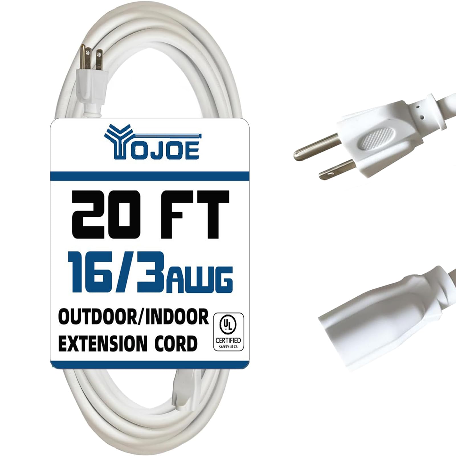 YOJOE Cavo di prolunga da esterno bianco da 20 piedi SJTW 16/3 impermeabile con spina di terra a 3 poli, prolunga da 16 gauge per giardino, prato,