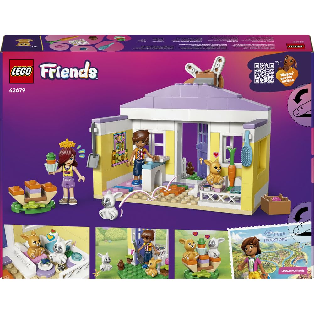 LEGO Friends Hotel dla królików w mieście Heartlake, klocki dla 5-latki, zabawka dla dzieci zawiera 2 minilaleczki, 2 figurki zwierząt i marchewkowe akcesoria, prezent dla dziewczynki i chłopca 42679