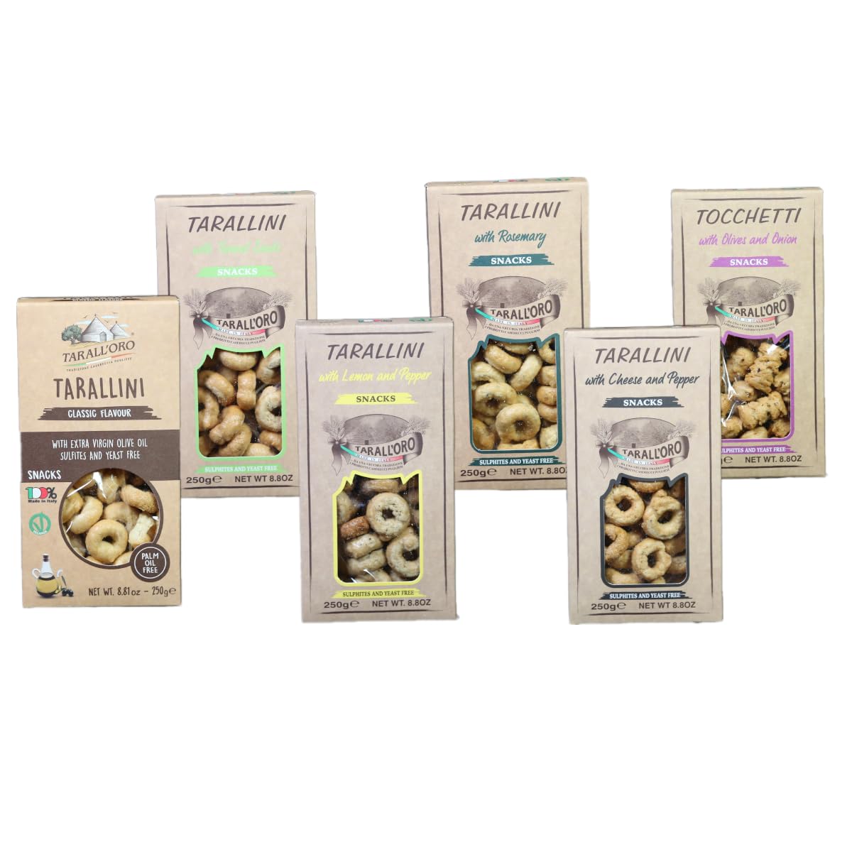 Tarallini Mixed Pack of 6 (Classic, Fennel Seeds, Calzone, Lemon and pepper, Rosemary, Cheese and Pepper)