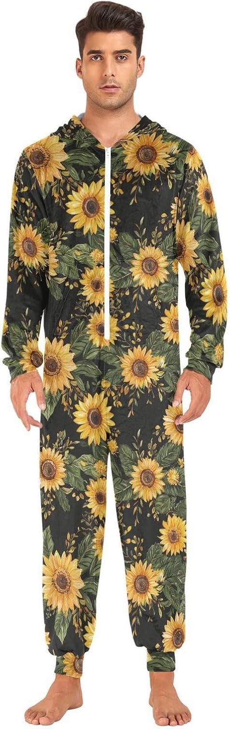 ZZKKO Yellow Sunflower and Black Background Adult Onesie Pajamas for Women Men Cozy One Piece Pajamas Costume Zip-Up Hooded