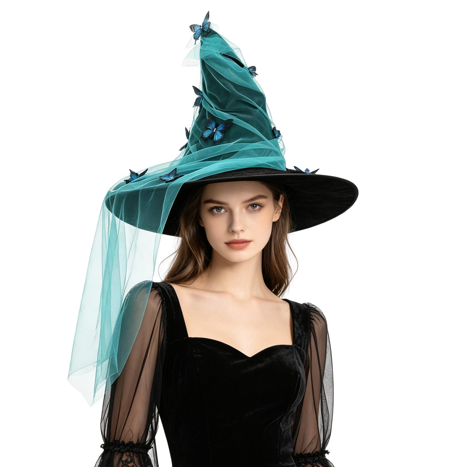 Women's Halloween Witch Hat Tulle Wizard Hat with Tulle Butterflies Decor