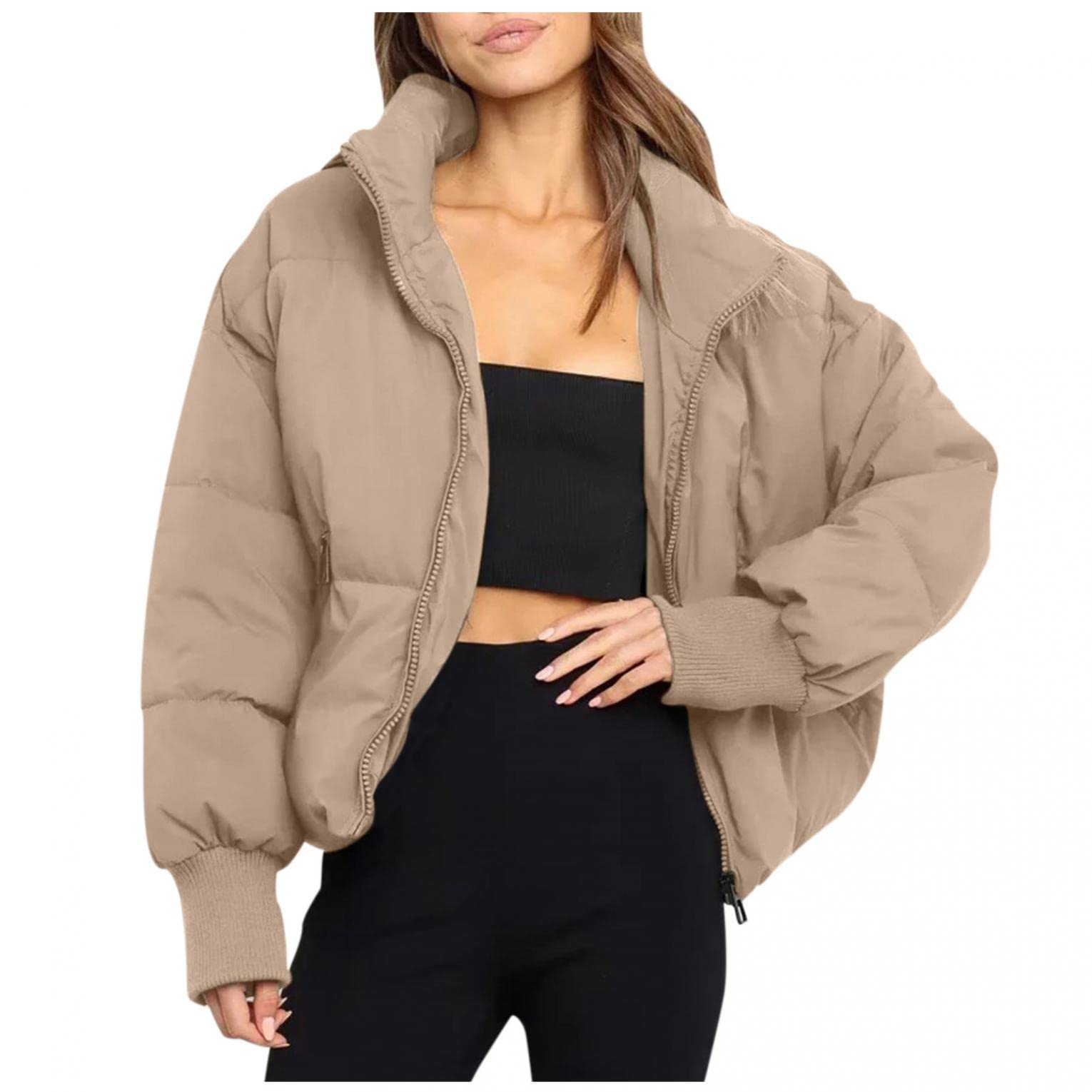 Piumino da donna, leggero, invernale, caldo, con chiusura lampo, per il tempo libero, traspirante, antivento, giacca trapuntata, giacca softshell, cachi, M
