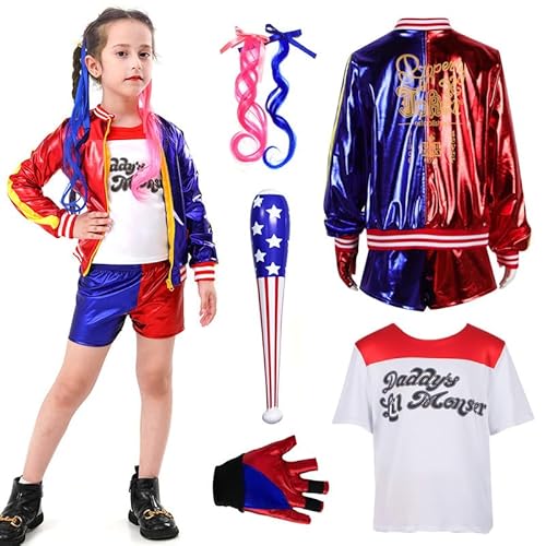Amtum Quin-n Costume Kids Villain Costume Outfit Girls Quin-n Halloween Fancy Dress with Jacket T-Shirt Shorts Wig Gloves Baseball Bat World Book Day Carnival Cosplay Theme Party Children XXL