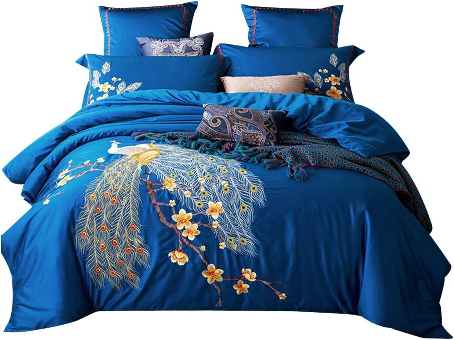 Svetanya Blue Peacock Duvet Cover Set (No Comforters) 800TC Soft Embroidery Egyptian Cotton 4 Pieces Queen Size 86"x94"(220x240cm)
