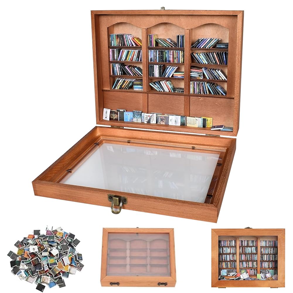 Nzkeuf Anxiety Bookshelf, Mini Bookshelf and 300 Mini Books Shake Away Your Anxiety, Miniature Book Display Shelf for Stress Relief, Wooden Mini Library Gift and Decor for Book Lovers & Anxious