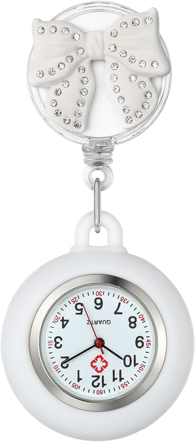 Avaner Women’s Retractable Nurse Watches: Hanging Lapel Clip-on Bow-Knot Pattern Silicone Fob Pocket Watch
