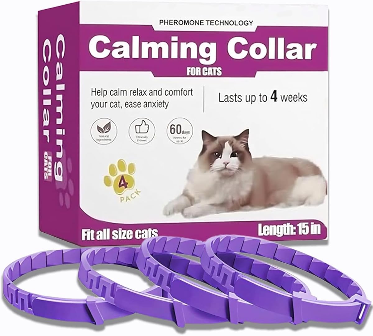 Cat Calming Collar, Calming Collar for Cats 4 Pack, Pheromone Collars for Cats – Adjustable 15″, 60-Day Lasting Stress & Anxiety Relief, Reduce Noise Fear, Scratching & Separation Anxiety (Pruple)