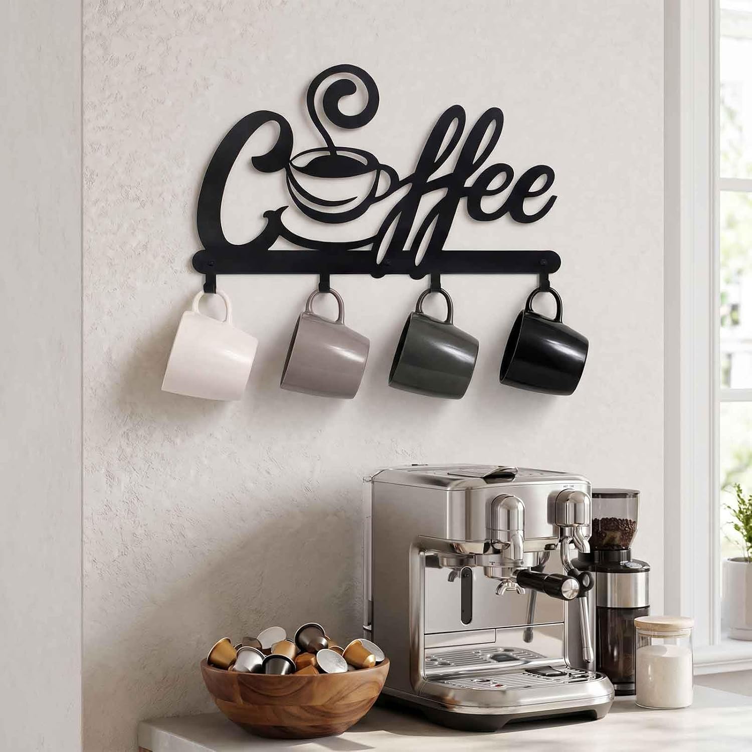 AIM & GGKK Coffee Mug Holder Wall Mount, Black Laser Cut for Coffee Bar