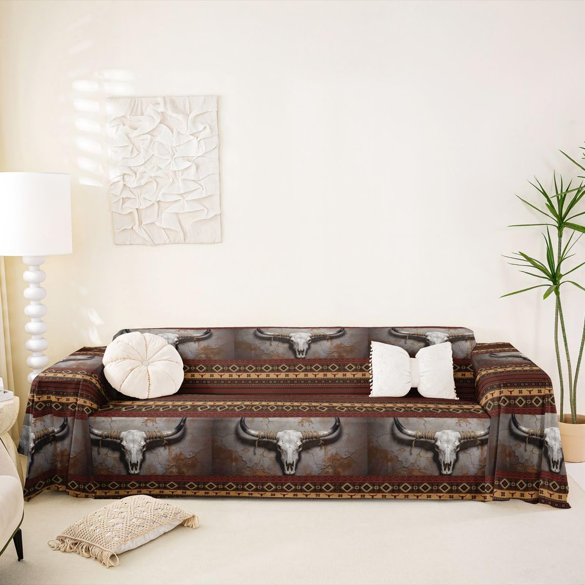 Homewish Zachodni aztecki pokrowiec na sofę, egzotyczny byk, czaszka, przyjazny dla zwierząt, ochraniacz na kanapę, południowo-zachodni boho, na sofę, rustykalny dom wiejski, ochraniacz na meble dla