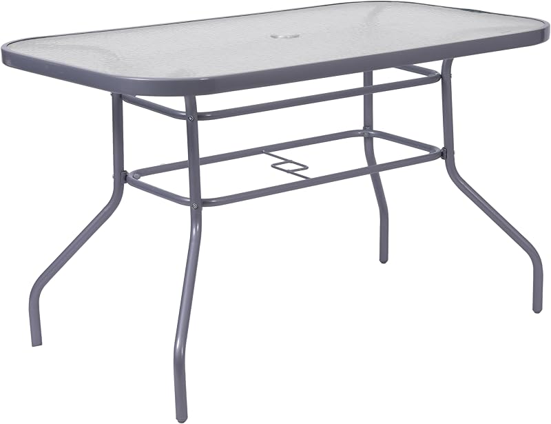 Muebles Flash Comercial 27.5x47.25 en Mesa de Patio de Acero, Plata | Tapa de Vidrio Templado con Orificio para Paraguas