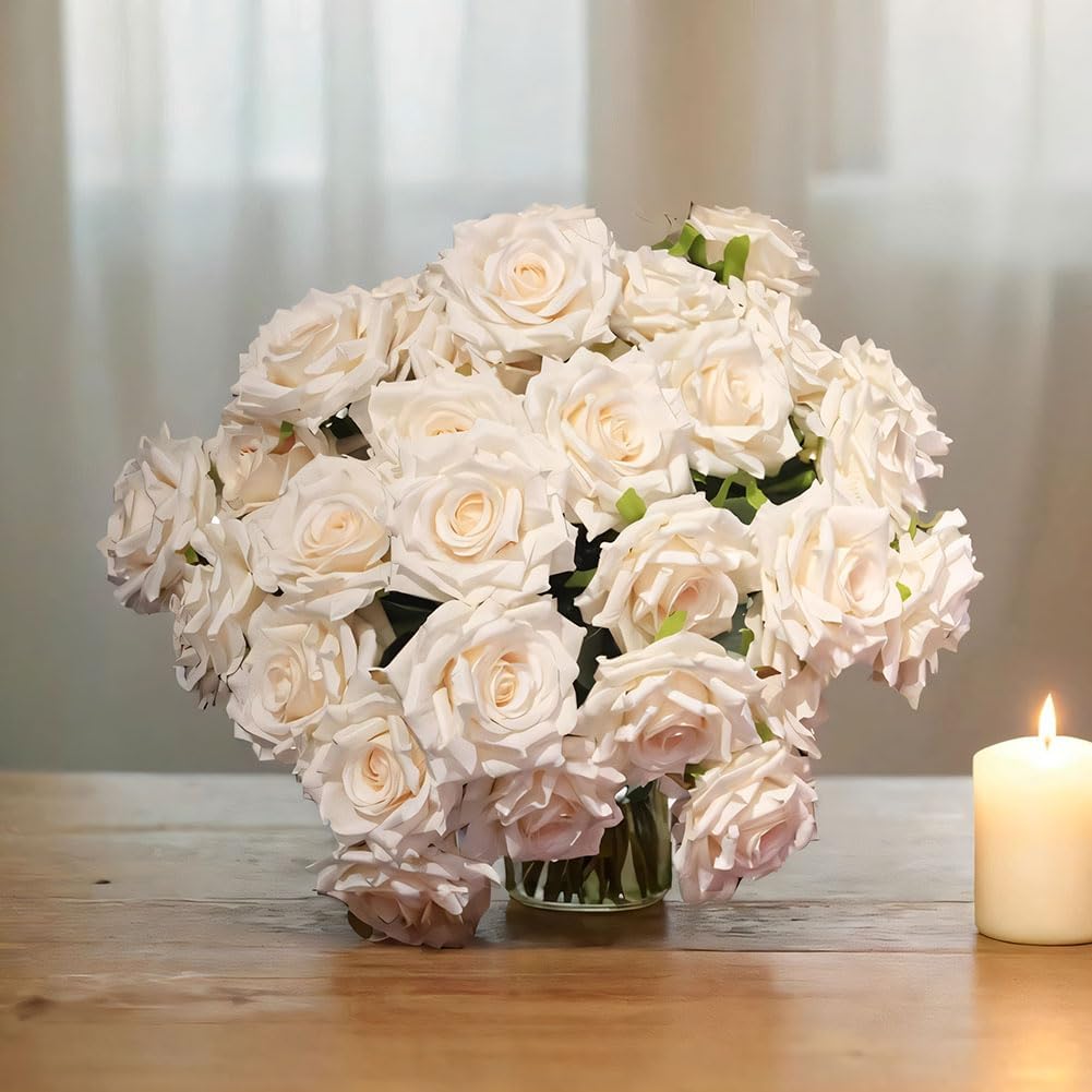 Rose Champagne White Artificial Flowers Realistic Silk Flower, as a Tabletop Bouquet or Wedding centerpieces, Faux Flowers for Outdoor planters (30)
