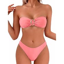 Fanuerg Womens Strapless Bandeau Bikini Sets Ring Tie Back Two Piece Swimsuit High Cut Cheeky Bathing Suits